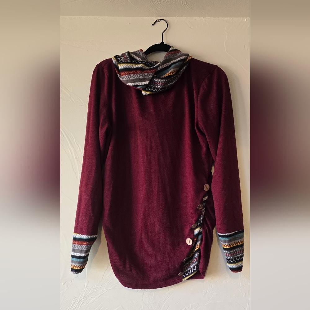 Burgundy Knit Tunic with Patterned Hood and Cuffs
